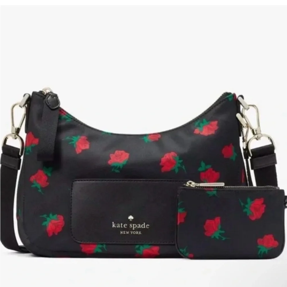 kate spade Black Floral Shoulder Bag with Red Rose Print and Pouch - Picture 6 of 8